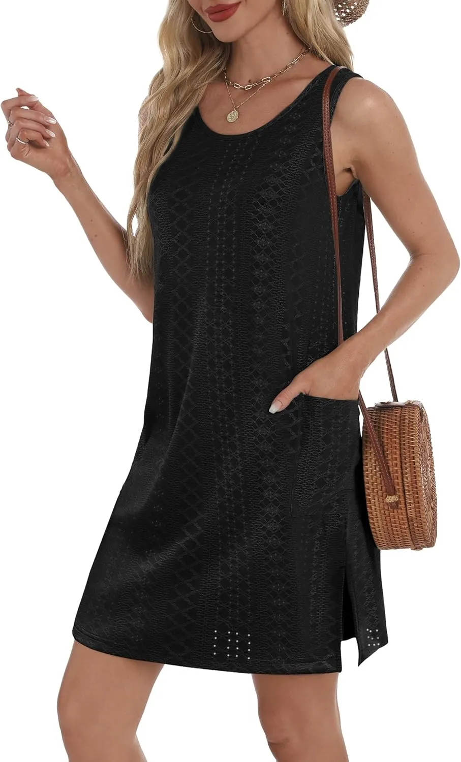 Coverup Summer Dresses for Women 2025 Eyelet Casual Loose Sleeveless Sundresses Tank Dresses with Pockets