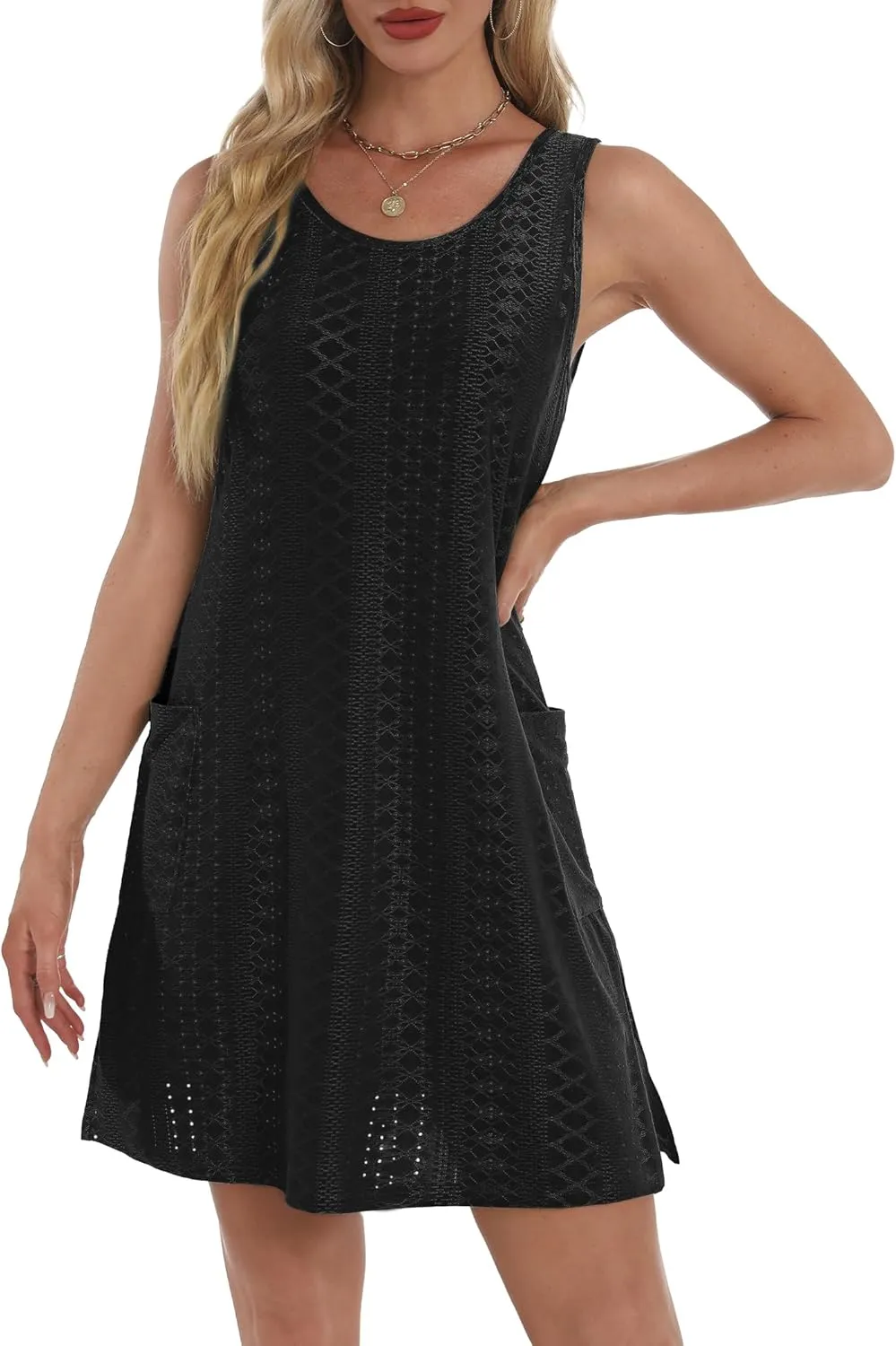 Coverup Summer Dresses for Women 2025 Eyelet Casual Loose Sleeveless Sundresses Tank Dresses with Pockets