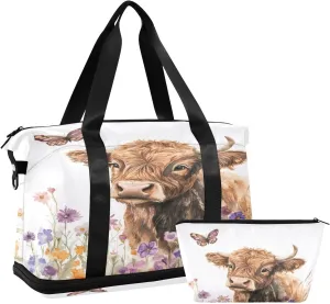Cow in Flowers Butterfly Sports Gym Bag with Waterproof Dry Wet Pocket, Travel Duffel Bag for Women MenWorkout Bag Fits Yoga, Swimming