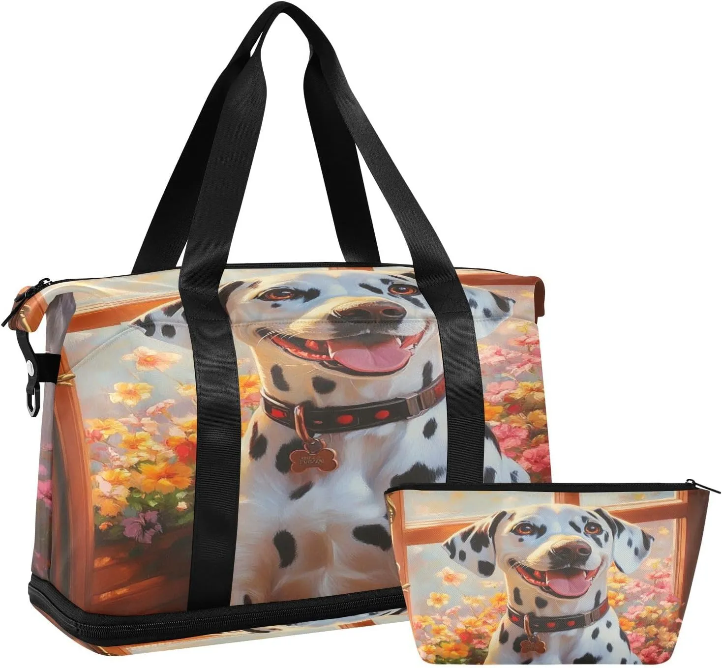 Cute Dalmatian Sports Gym Bag with Waterproof Dry Wet Pocket, Travel Duffel Bag for Women MenWorkout Bag Fits Yoga, Swimming