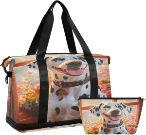 Cute Dalmatian Sports Gym Bag with Waterproof Dry Wet Pocket, Travel Duffel Bag for Women MenWorkout Bag Fits Yoga, Swimming