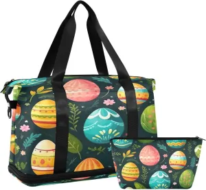 Cute Easter Eggs Sports Gym Bag with Waterproof Dry Wet Pocket, Travel Duffel Bag for Women MenWorkout Bag Fits Yoga, Swimming