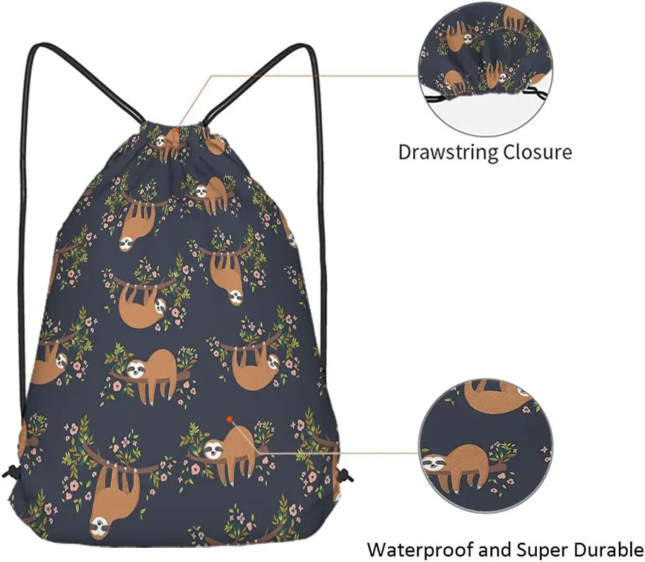 Cute Sloth Drawstring Backpack Bag - Funny Sloths Hanging On Tree Branch - Flowers Cartoon Animal Pet Sport Gym Sack for Men & Women