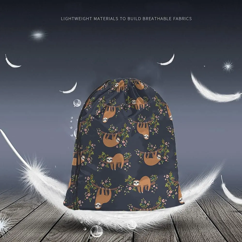 Cute Sloth Drawstring Backpack Bag - Funny Sloths Hanging On Tree Branch - Flowers Cartoon Animal Pet Sport Gym Sack for Men & Women