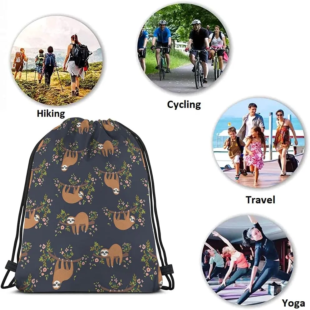 Cute Sloth Drawstring Backpack Bag - Funny Sloths Hanging On Tree Branch - Flowers Cartoon Animal Pet Sport Gym Sack for Men & Women