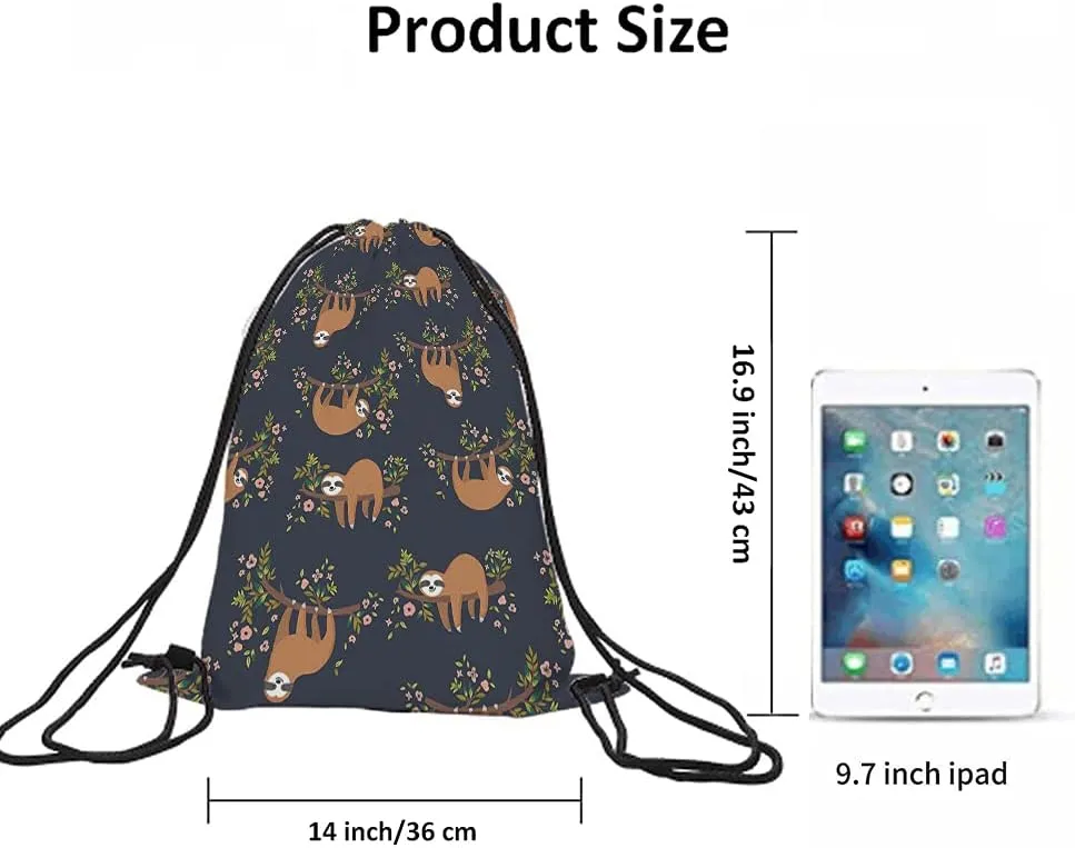 Cute Sloth Drawstring Backpack Bag - Funny Sloths Hanging On Tree Branch - Flowers Cartoon Animal Pet Sport Gym Sack for Men & Women