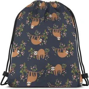 Cute Sloth Drawstring Backpack Bag - Funny Sloths Hanging On Tree Branch - Flowers Cartoon Animal Pet Sport Gym Sack for Men & Women