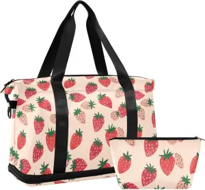 Cute Strawberry Sports Gym Bag with Waterproof Dry Wet Pocket, Travel Duffel Bag for Women MenWorkout Bag Fits Yoga, Swimming