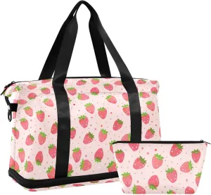 Cute Strawberry Sports Gym Bag with Waterproof Dry Wet Pocket, Travel Duffel Bag for Women MenWorkout Bag Fits Yoga, Swimming