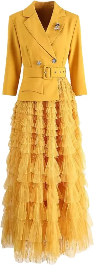 Dndrdhfb Women's Patchwork Mesh Maxi Skirt Notched 3/4 Sleeves Ruffle Waistband Office Dress