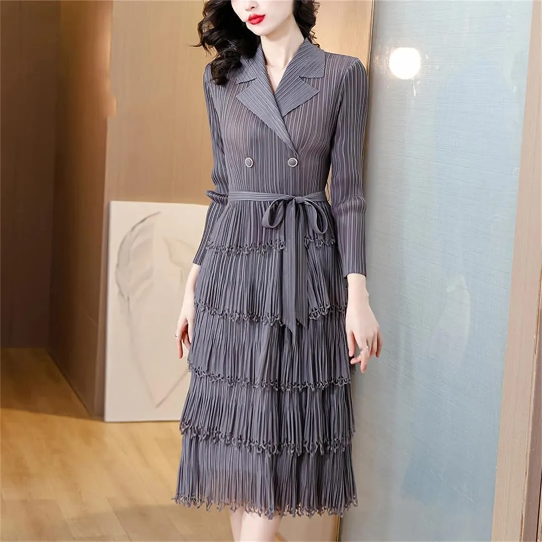 Dndrdhfb Women's Slim Fit Pleated Dress, Mid-Length Elastic Waist Slimming Long Skirt