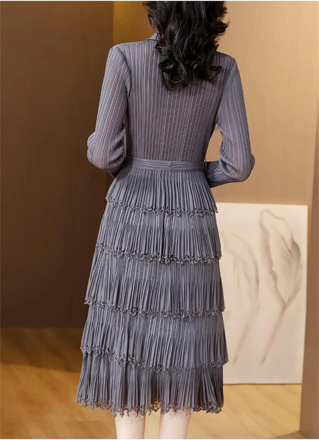 Dndrdhfb Women's Slim Fit Pleated Dress, Mid-Length Elastic Waist Slimming Long Skirt