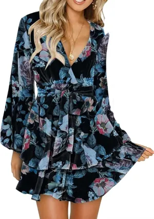 Dokotoo Womens 2024 Summer Spring V Neck Ruffle Chiffon Elegant Tie Knot Mini Short Swing Skater Dresses