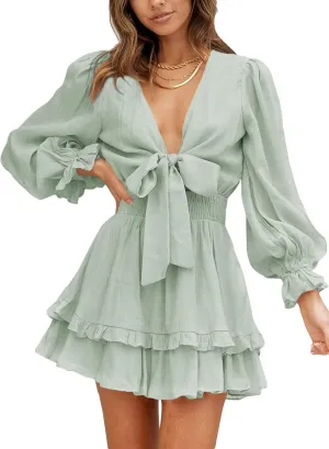 Dokotoo Womens Casual Spring Summer 2025 Deep V Neck Knotted Tiered Chiffon Elegant Mini Short Swing Skater Dresses