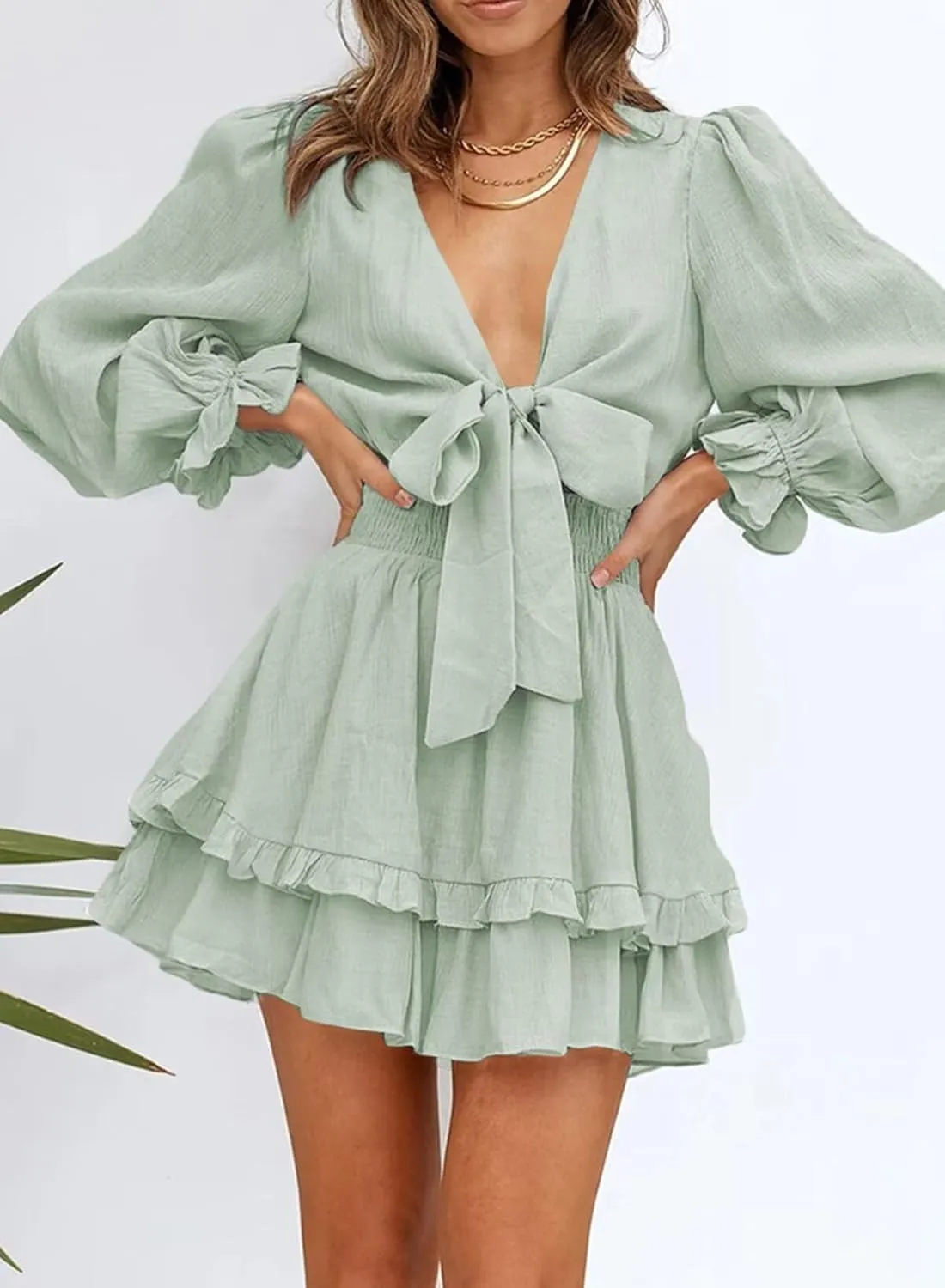 Dokotoo Womens Casual Spring Summer 2025 Deep V Neck Knotted Tiered Chiffon Elegant Mini Short Swing Skater Dresses