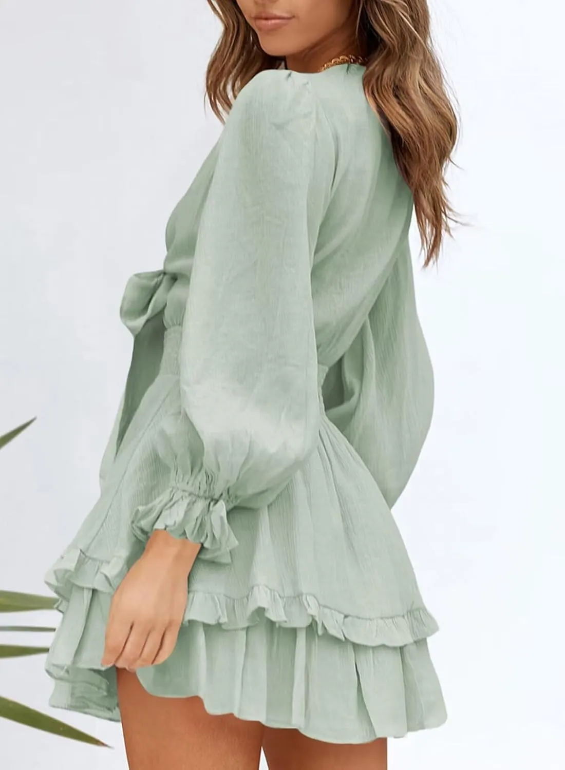 Dokotoo Womens Casual Spring Summer 2025 Deep V Neck Knotted Tiered Chiffon Elegant Mini Short Swing Skater Dresses