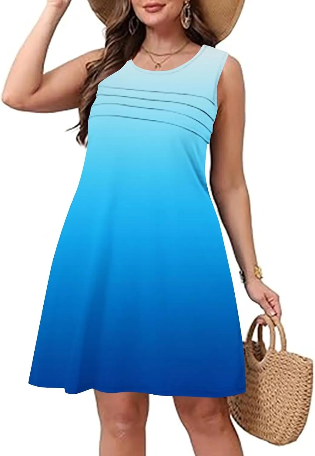 Dresses for Women 2025 Summer Pleated Sleeveless Sundresses Casual Round Neck Dress Beach Vacation Sundress