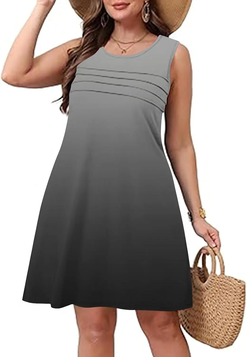 Dresses for Women 2025 Summer Pleated Sleeveless Sundresses Casual Round Neck Dress Beach Vacation Sundress