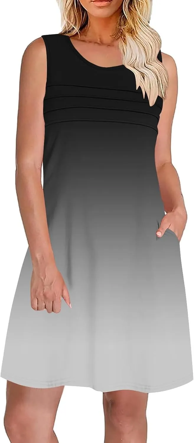 Dresses for Women 2025 Summer Pleated Sleeveless Sundresses Casual Round Neck Dress Beach Vacation Sundress