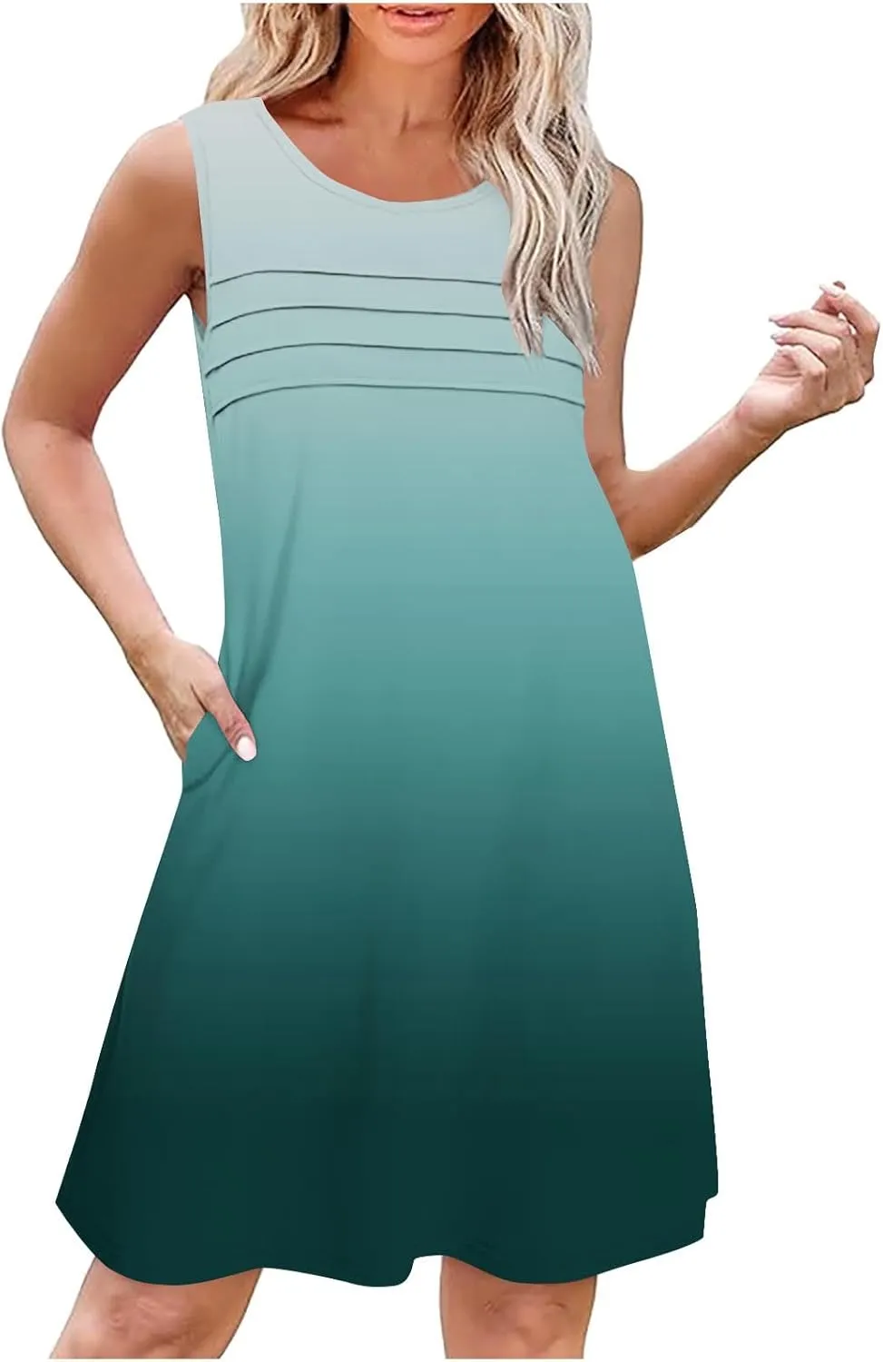 Dresses for Women 2025 Summer Pleated Sleeveless Sundresses Casual Round Neck Dress Beach Vacation Sundress