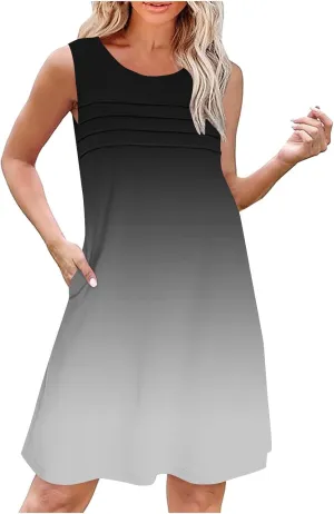 Dresses for Women 2025 Summer Pleated Sleeveless Sundresses Casual Round Neck Dress Beach Vacation Sundress