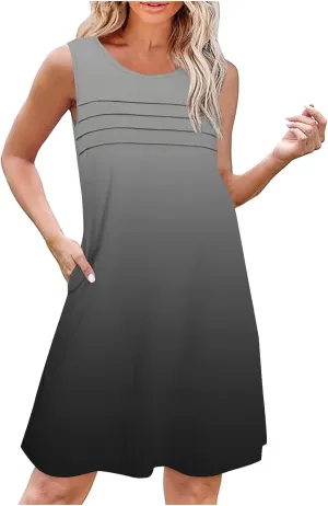 Dresses for Women 2025 Summer Pleated Sleeveless Sundresses Casual Round Neck Dress Beach Vacation Sundress
