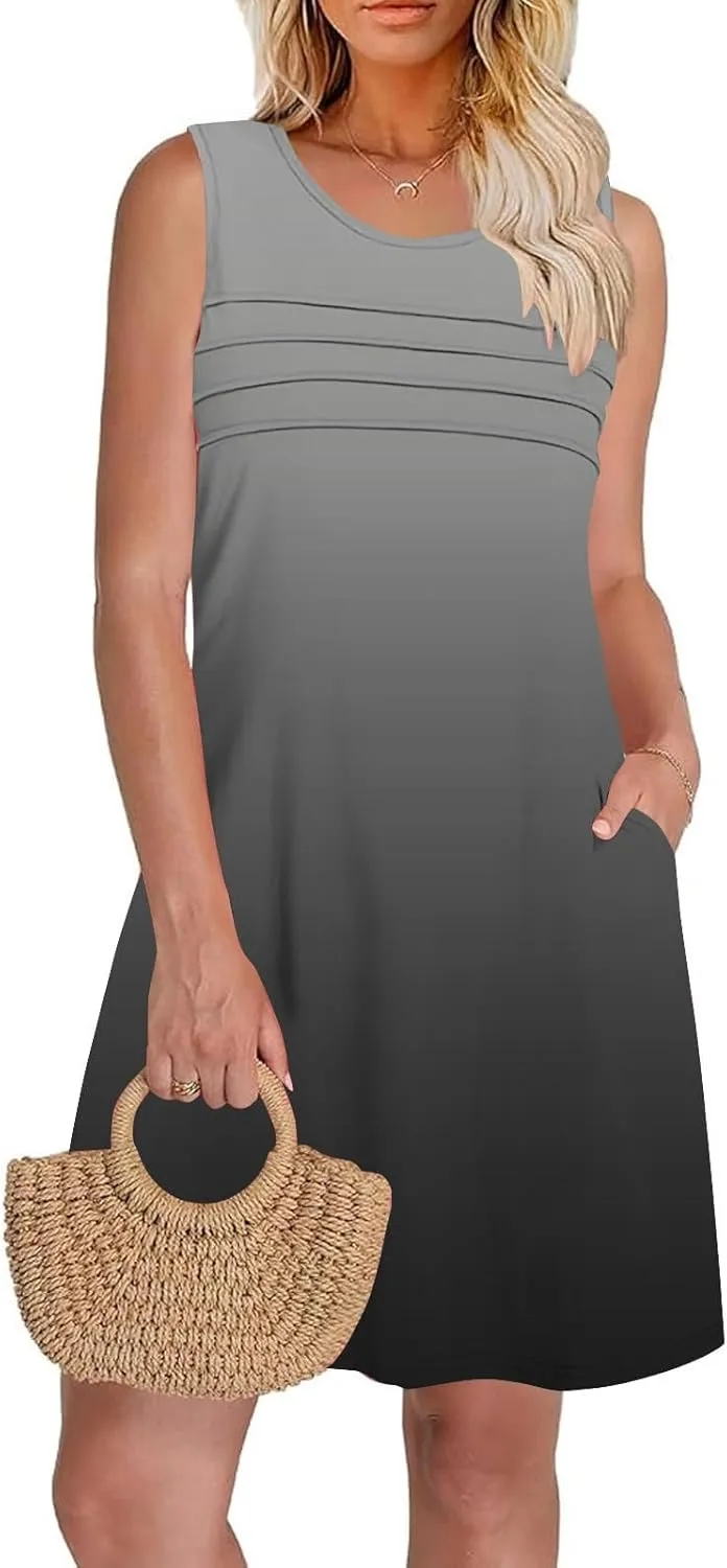 Dresses for Women 2025 Summer Pleated Sleeveless Sundresses Casual Round Neck Dress Beach Vacation Sundress