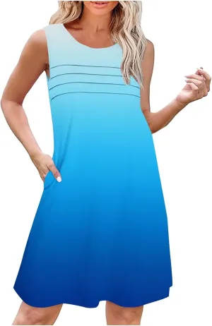 Dresses for Women 2025 Summer Pleated Sleeveless Sundresses Casual Round Neck Dress Beach Vacation Sundress