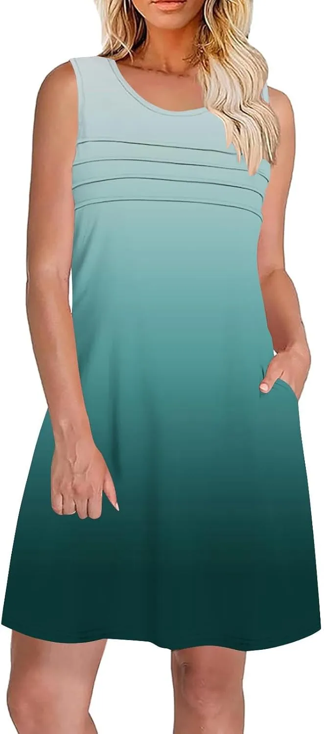 Dresses for Women 2025 Summer Pleated Sleeveless Sundresses Casual Round Neck Dress Beach Vacation Sundress