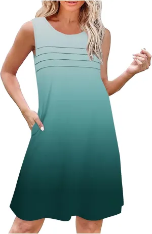 Dresses for Women 2025 Summer Pleated Sleeveless Sundresses Casual Round Neck Dress Beach Vacation Sundress