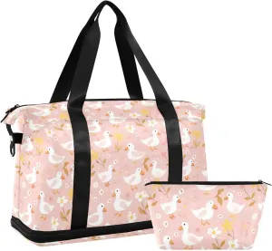 Ducks and Little Flowers Sports Gym Bag with Waterproof Dry Wet Pocket, Travel Duffel Bag for Women MenWorkout Bag Fits Yoga, Swimming