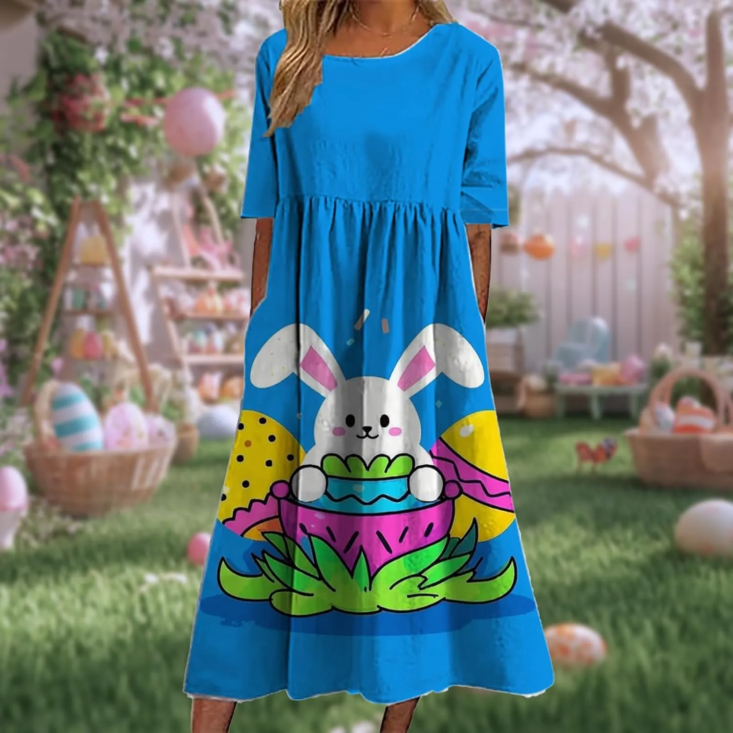 Easter Dress for Women 2025 Trendy Loose Short Sleeve Midi Dress Cute Bunny Egg Print Long Dress with Pockets