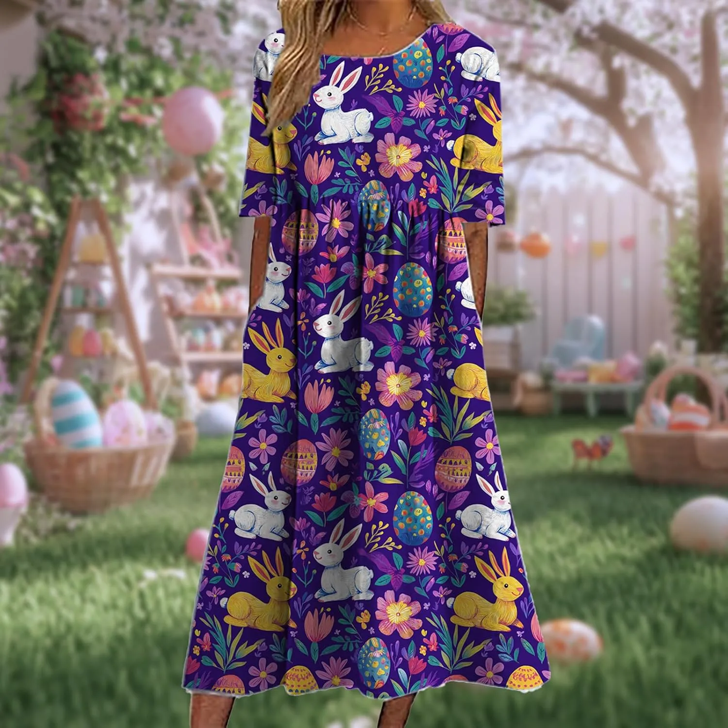 Easter Dress for Women 2025 Trendy Loose Short Sleeve Midi Dress Cute Bunny Egg Print Long Dress with Pockets