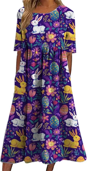Easter Dress for Women 2025 Trendy Loose Short Sleeve Midi Dress Cute Bunny Egg Print Long Dress with Pockets