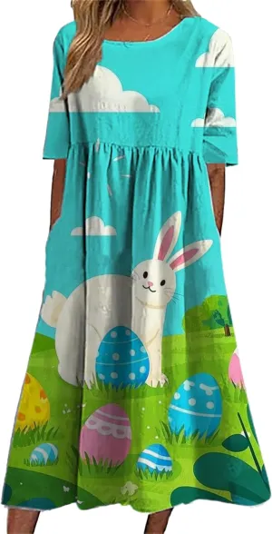 Easter Dress for Women 2025 Trendy Loose Short Sleeve Midi Dress Cute Bunny Egg Print Long Dress with Pockets