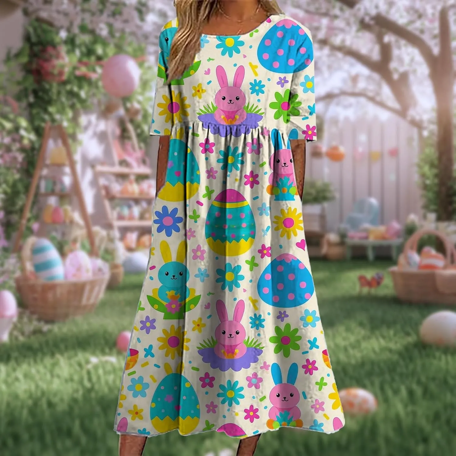 Easter Dress for Women 2025 Trendy Loose Short Sleeve Midi Dress Cute Bunny Egg Print Long Dress with Pockets