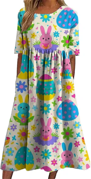 Easter Dress for Women 2025 Trendy Loose Short Sleeve Midi Dress Cute Bunny Egg Print Long Dress with Pockets