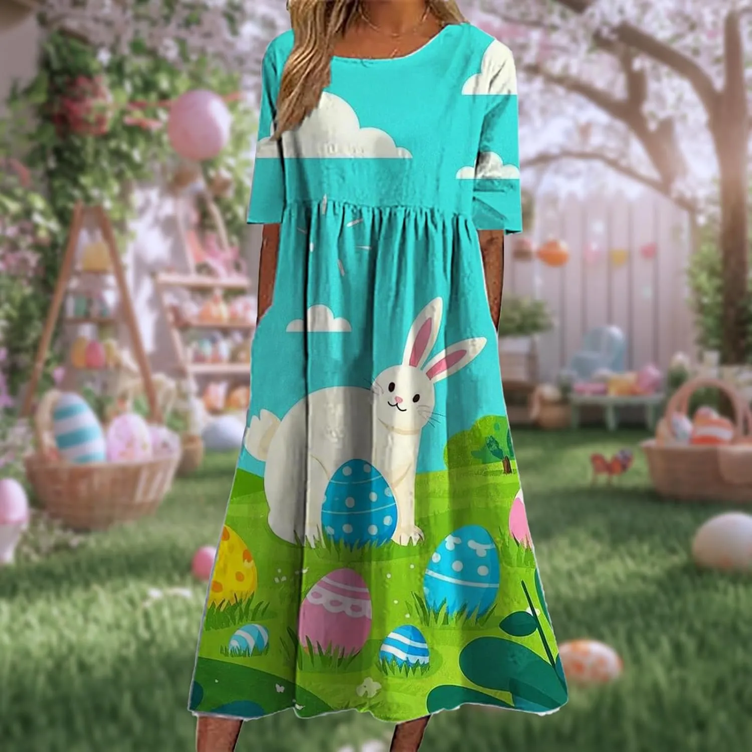 Easter Dress for Women 2025 Trendy Loose Short Sleeve Midi Dress Cute Bunny Egg Print Long Dress with Pockets