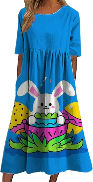Easter Dress for Women 2025 Trendy Loose Short Sleeve Midi Dress Cute Bunny Egg Print Long Dress with Pockets