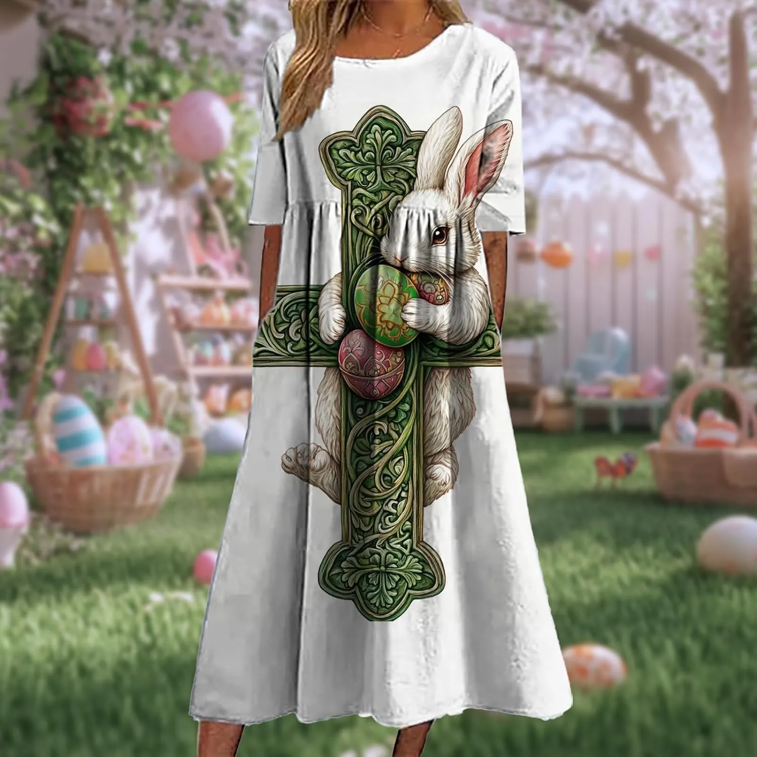 Easter Dress for Women 2025 Trendy Loose Short Sleeve Midi Dress Cute Bunny Egg Print Long Dress with Pockets