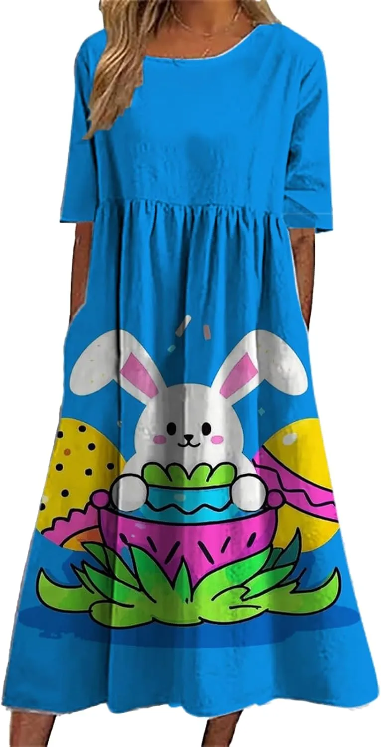 Easter Dress for Women 2025 Trendy Loose Short Sleeve Midi Dress Cute Bunny Egg Print Long Dress with Pockets