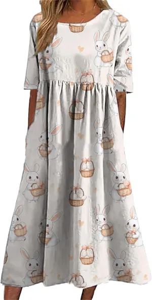 Easter Dress for Women Casual Short Sleeve Crew Neck Midi Dress Bunny Egg Print Pleated Summer Dress with Pockets