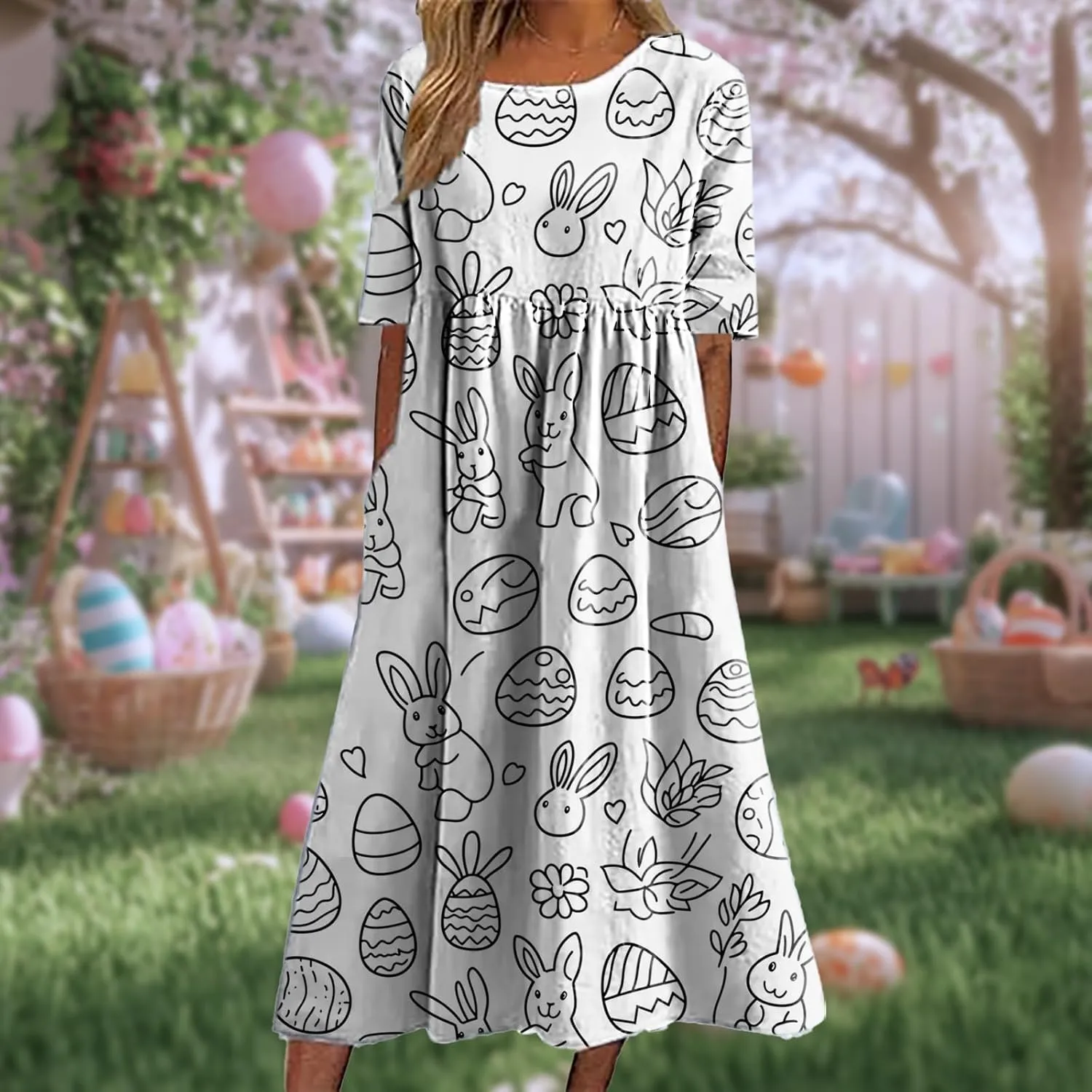 Easter Dress for Women Casual Short Sleeve Crew Neck Midi Dress Bunny Egg Print Pleated Summer Dress with Pockets