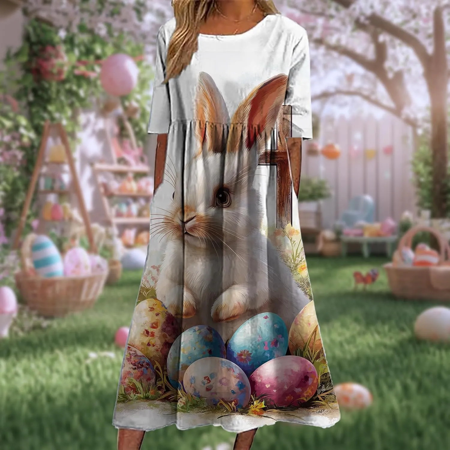 Easter Dress for Women Casual Short Sleeve Crew Neck Midi Dress Bunny Egg Print Pleated Summer Dress with Pockets