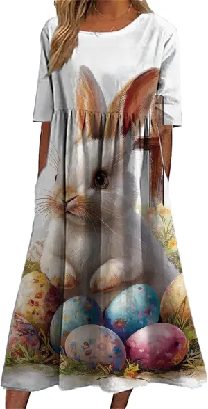 Easter Dress for Women Casual Short Sleeve Crew Neck Midi Dress Bunny Egg Print Pleated Summer Dress with Pockets