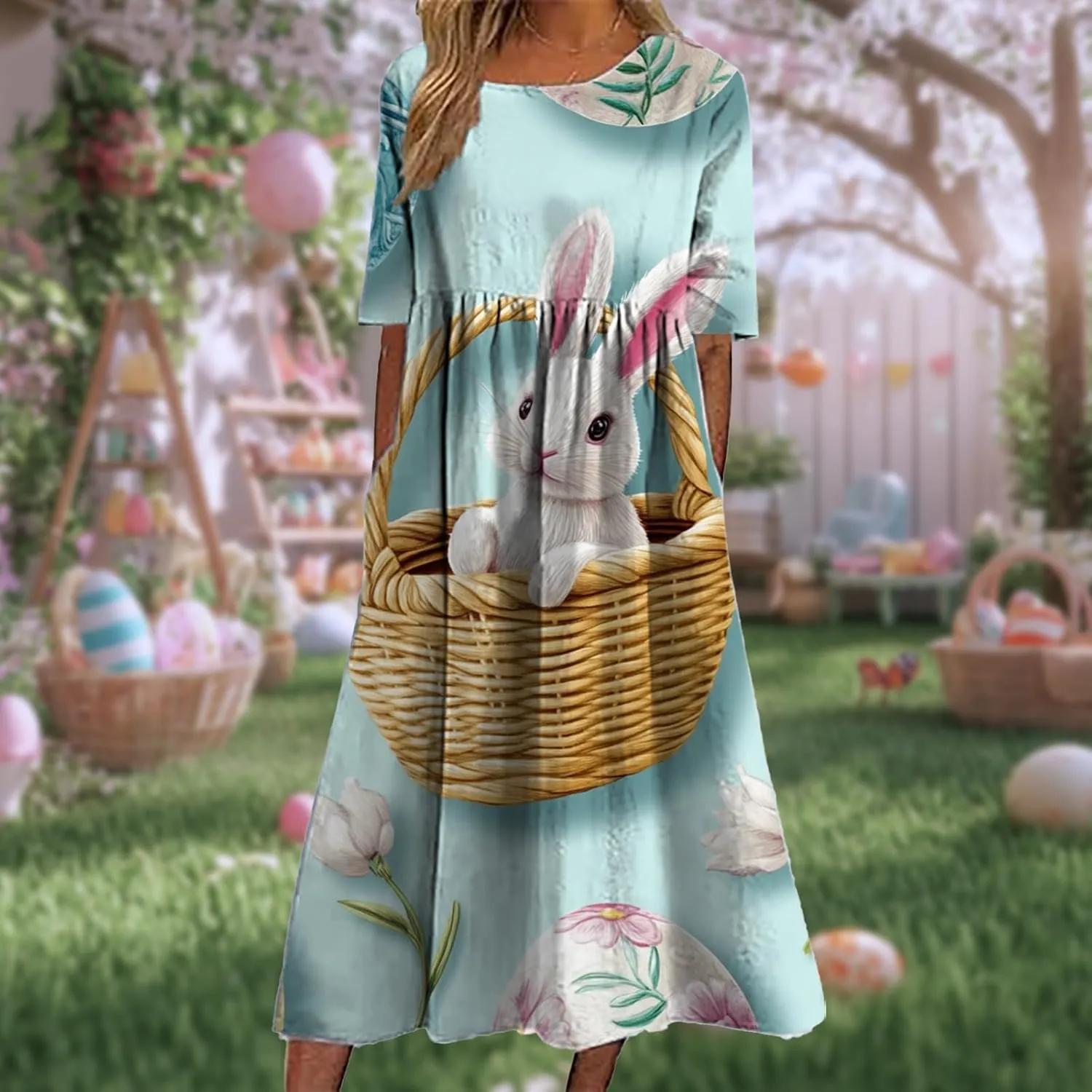 Easter Dress for Women Casual Short Sleeve Crew Neck Midi Dress Bunny Egg Print Pleated Summer Dress with Pockets