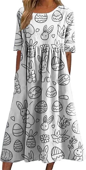Easter Dress for Women Casual Short Sleeve Crew Neck Midi Dress Bunny Egg Print Pleated Summer Dress with Pockets