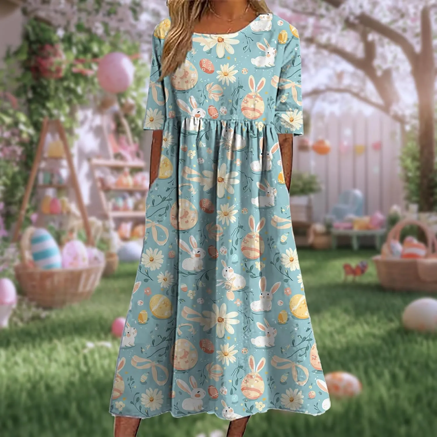 Easter Dress for Women Casual Short Sleeve Crew Neck Midi Dress Bunny Egg Print Pleated Summer Dress with Pockets