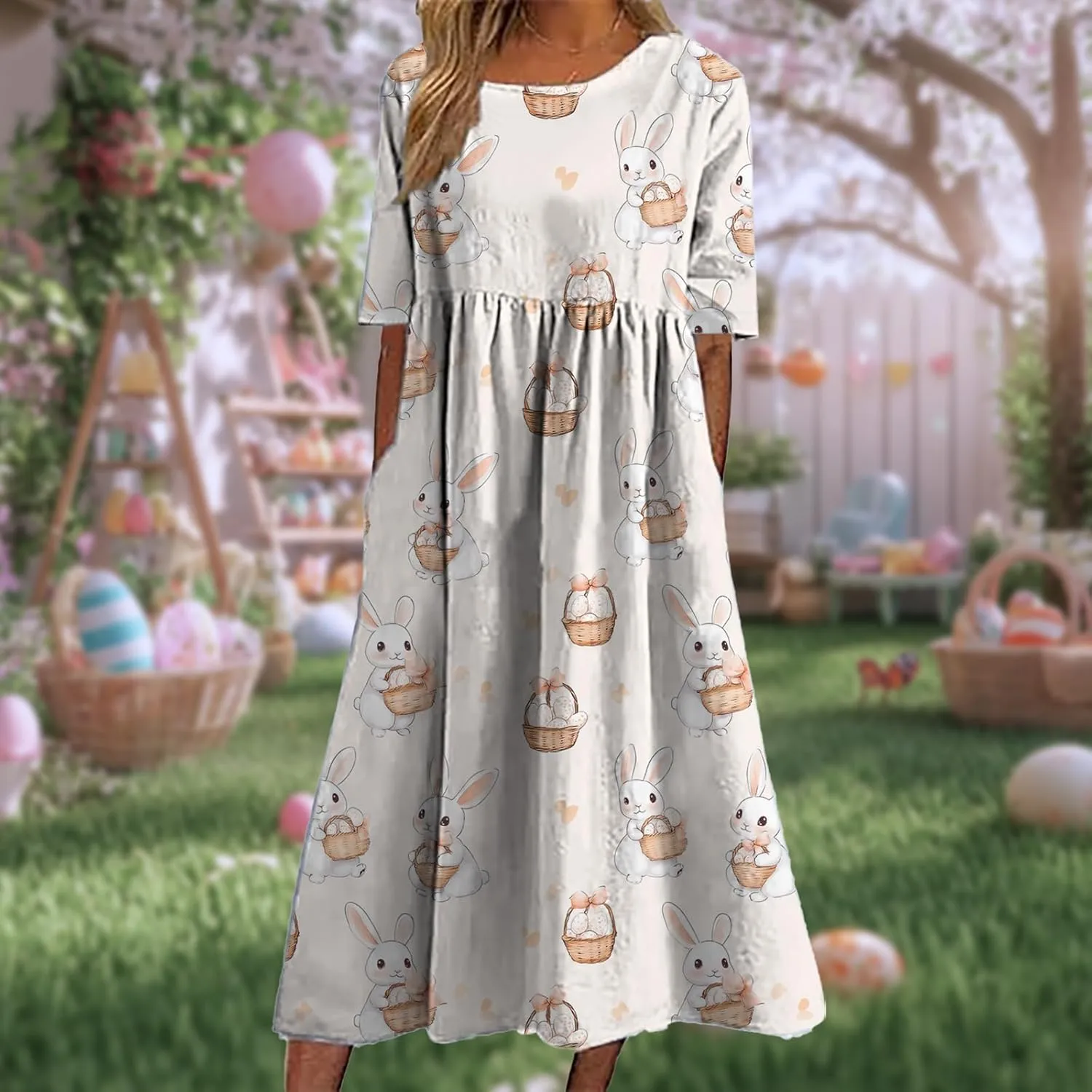 Easter Dress for Women Casual Short Sleeve Crew Neck Midi Dress Bunny Egg Print Pleated Summer Dress with Pockets