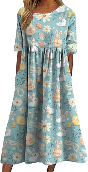 Easter Dress for Women Casual Short Sleeve Crew Neck Midi Dress Bunny Egg Print Pleated Summer Dress with Pockets